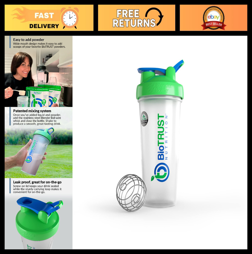 28-Ounce Classic Shaker Bottle with Loop, Clear/Green – Perfect for Protein Mixi