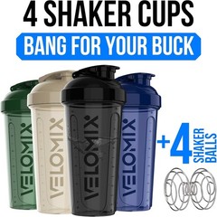 VELOMIX -4 PACK 28 Oz Protein Shaker Bottle for Protein Mixes – 4x Wire Whisk