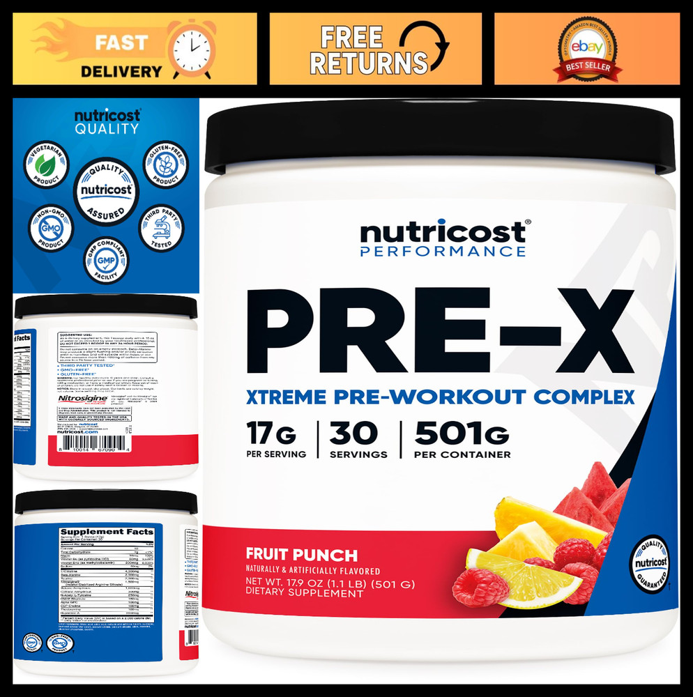 Pre-Workout Complex Powder – Fruit Punch Flavor, 30 Servings, Vegan, Non-GMO, Gl