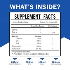 Antarctic Krill Oil 3000mg -with Omega-3 EPA, DHA, Astaxanthin and Phospholipids