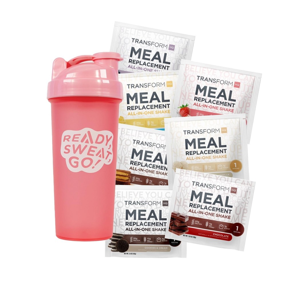 TransformHQ Meal Replacement Shake Variety Box With Pink Shaker, 7 Single-Ser…