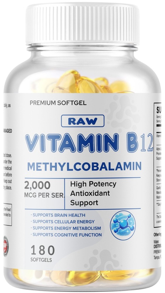 180 Vitamin B12 (Methylcobalamin) 2000mcg, Softgels NON-GMO USA