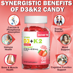 Vitamin D3 K2 Gummies – 60 Count – Support Bone Heart Immune Health, Strawberry