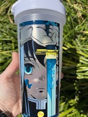Anime Design Handmade 20oz Plastic Shake Bottle Screw-on Lid Black White Blue