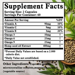 Hemp Seed Oil – for Calm, Sleep, Stress, Anxiety, Pain – Vitamin A, Omega-3,6,9