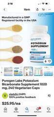 Puregen Labs Potassium Bicarbonate Supplement 1020 mg, 240 Vegetarian Caps