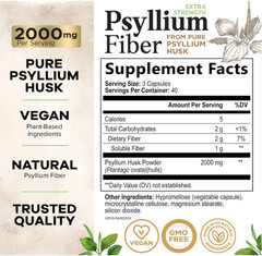 High Absorption Psyllium Husk Capsules 2000mg Daily Fiber Supplement, Psyllium..