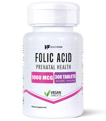 Healthfare Folic Acid 1000mcg 300 Tab Folate Vitamin B9 Water-Soluble Made in US
