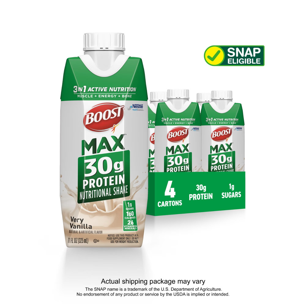 BOOST Max 30g High Protein Nutritional Drink Shakes, Very Vanilla, 11 fl oz, 4 P
