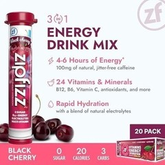 Zipfizz Daily Energy Drink Powder, Black Cherry, 20 Pack 3-in-1 Sustained Energ