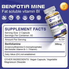 Benfotiamine 300mg 240 Veggie Caps (Non-GMO, Vegan) Fat Soluble Vitamin B1