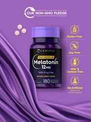 Melatonin 12mg Fast Dissolve Tablets – 180 Count, Drug-Free, Natural Berry, Vega