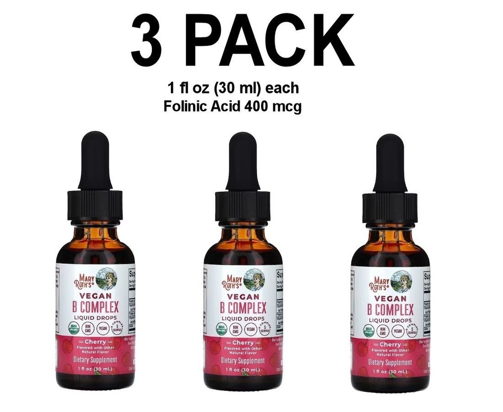 Folinic Acid 3 PACK, Vegan B Complex Liquid Drops, Cherry, 1 fl oz (30 ml) each