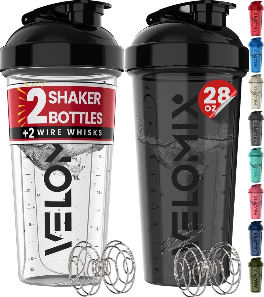 VELOMIX -2 Pack- 28 oz Protein Shaker Bottles for Protein Mixes – 2x Wire Whisk