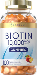 Biotin 10000mcg Gummies | 100 Count | Peach Flavor | Vegan, Non-GMO | by Carlyle