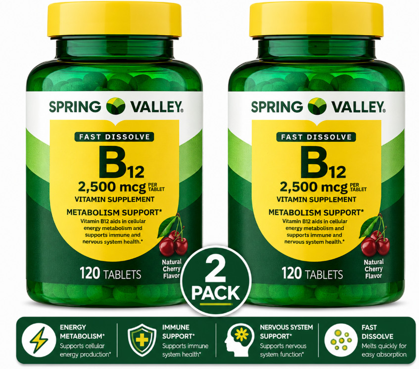 (2 PACK )Spring Valley Vitamin B12 Quick Tablets Sdpplement 2500 Mcg Cherry 120*