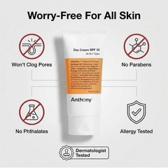 Anthony Day Cream SPF 30, 3 Fl,Contains Squalane, Glycerin, Soy& Vitamin, SEALED
