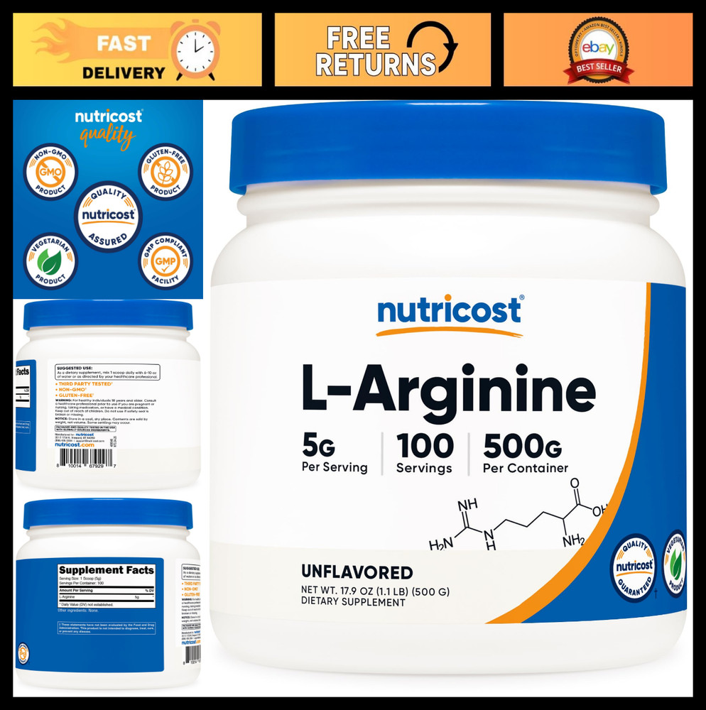 Pure L-Arginine Powder 500g – 5000mg Per Serving, 100 Servings, Muscle Support