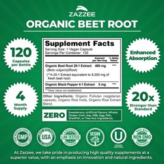 USDA Organic Extra Strength Beet Root 20:1 Extract 8000 mg Strength 120 Capsules