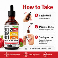 B12 B Complex Liquid Drops 5000mcg Sublingual Raspberry Vegan 2 fl oz