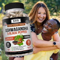 Organic Ashwagandha Capsules 1300mg Supplement w/ Black Pepper Root Powder