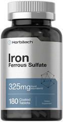 Iron Ferrous Sulfate | 325mg | 180 Tablets | Vegetarian, Non-GMO | by Horbaach