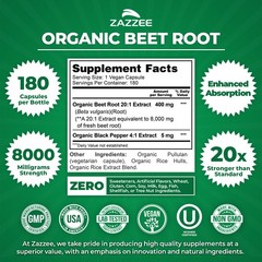 USDA Organic Beet Root 8000 mg Strength 20:1 Extract, 180 Vegan Capsules, Kosher