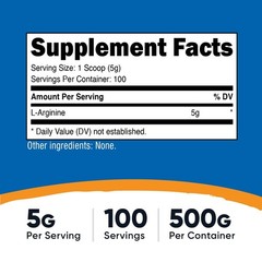 Pure L-Arginine Powder 500g – 5000mg Per Serving, 100 Servings, Muscle Support