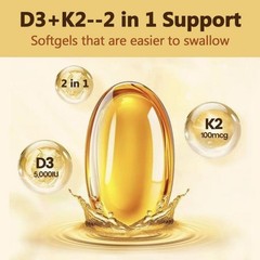 D3 K2 MK7 250 Veggie Softgels 5000IU 100mcg Gluten-Free Formula
