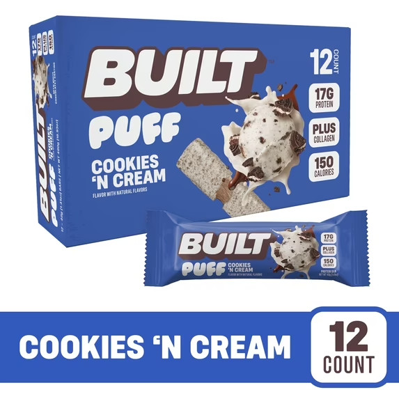 BUILT Bar Puff Protein Snack Bars Cookies N Cream 17g Protein 12 Pack
