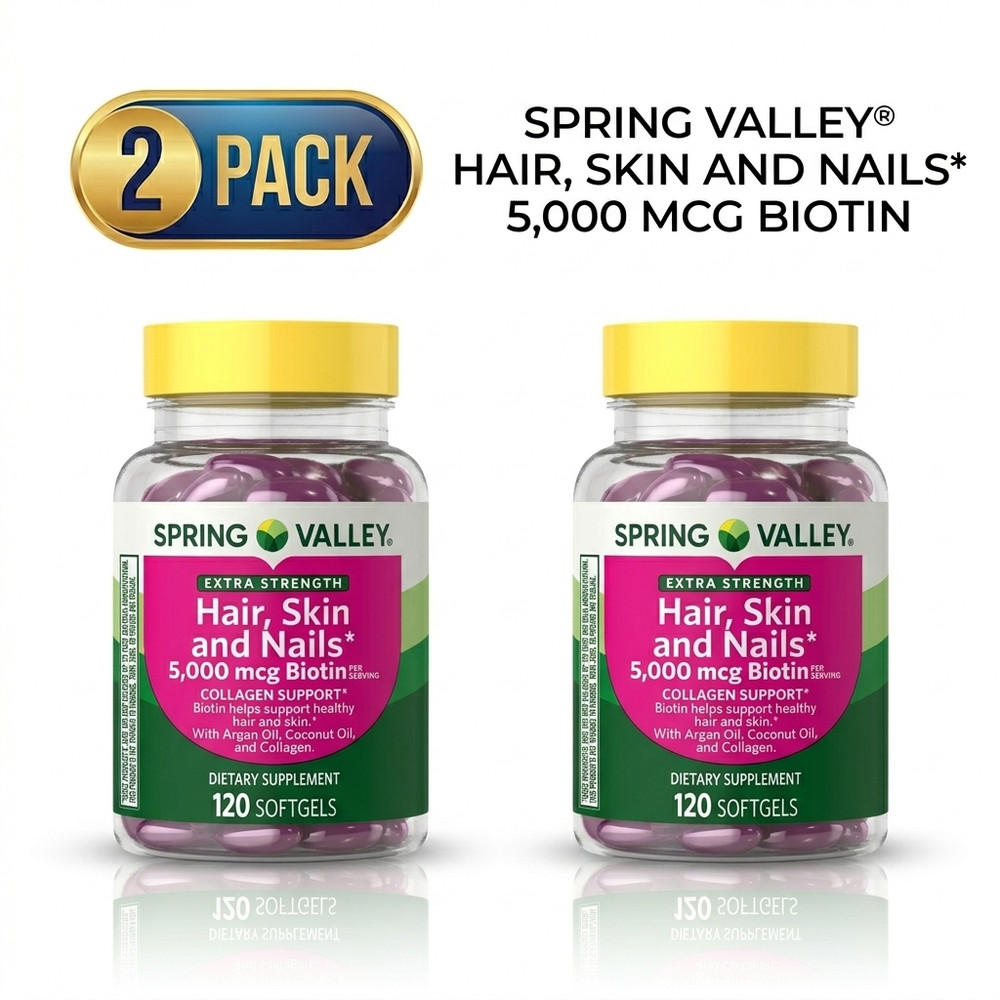 (2 Pack) Spring Valley Extra Strength Hair Skin & Nails Collagen Softgels, 5000m