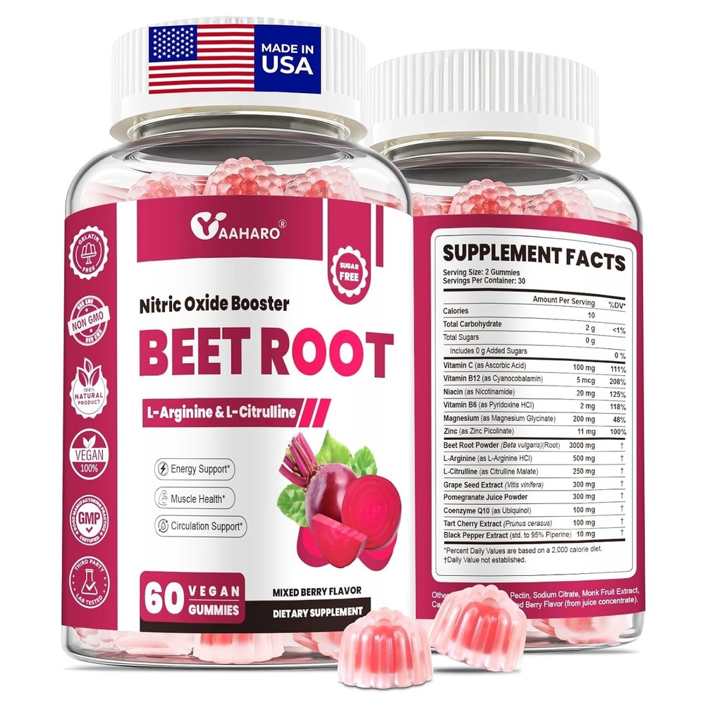 Beet Root Gummies Nitric Oxide Booster Supplements 60 Count Pack