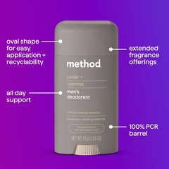 Method Deodorant, Cedar + Cypress, 24 Hour Odor 2.65 Ounce (Pack of 1)