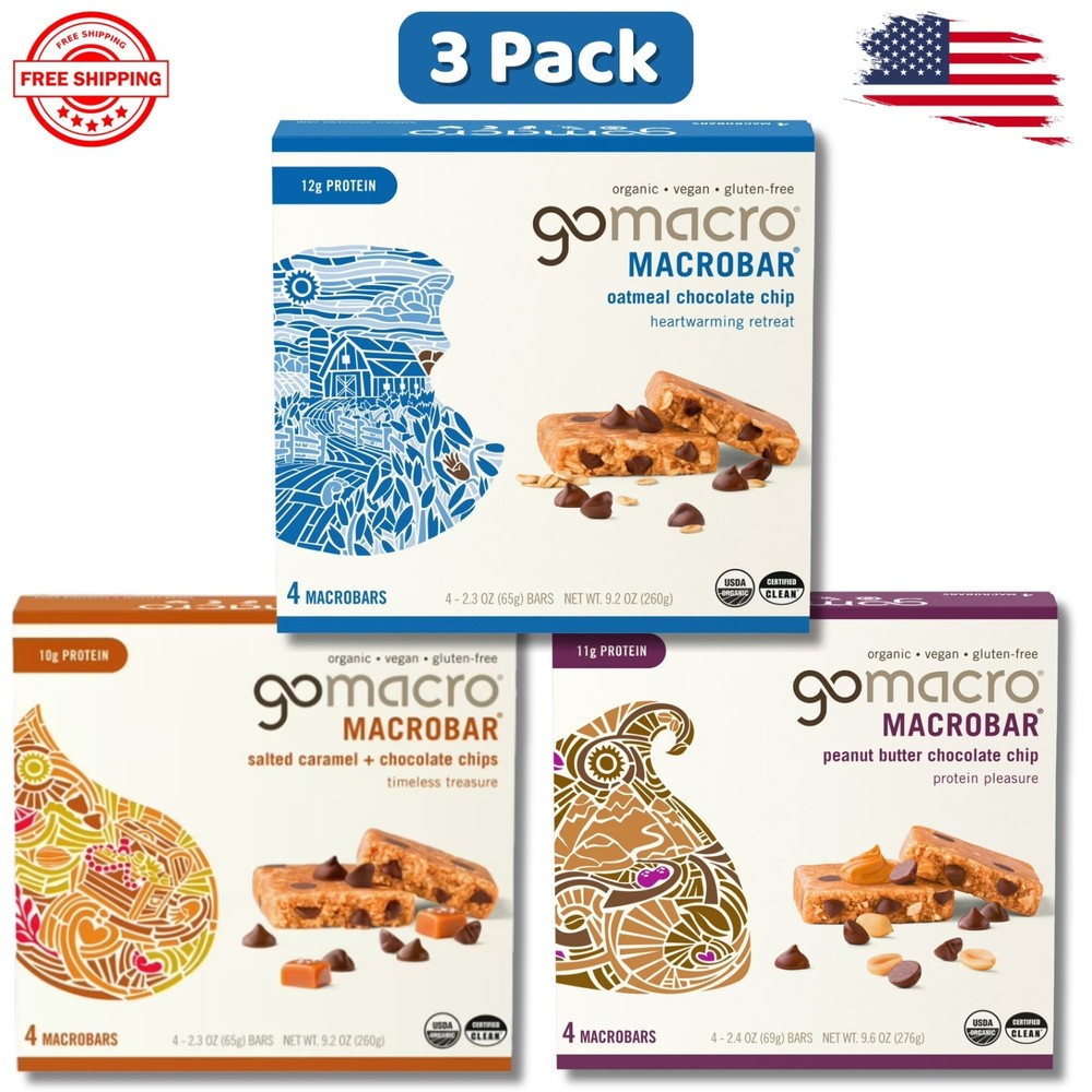 12 Ct GoMacro Organic Vegan Protein Bars – Variety Pack Chocolate Chip 2.3oz