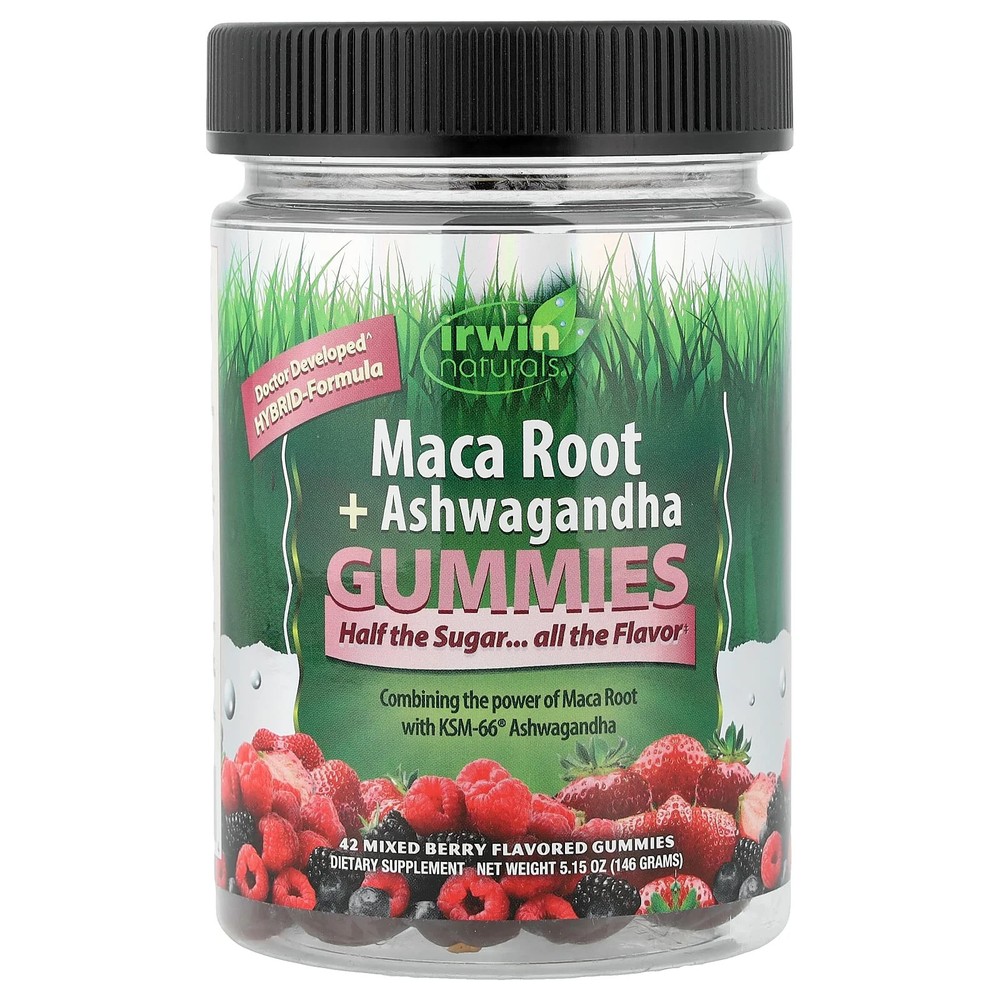 2 X Irwin Naturals, Maca Root + Ashwagandha Gummies, Mixed Berry, 42 Gummies