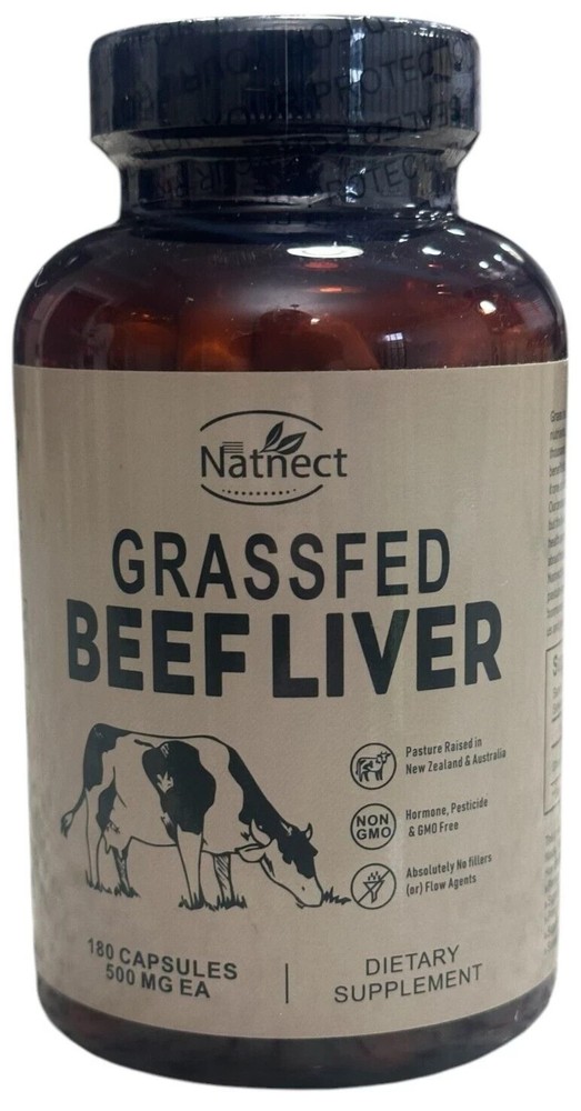 Natnect Supplements Grassfed Beef Liver, 180 Capsules 500mg, Exp 12/26