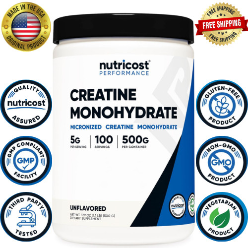 Monohidrato de creatina en polvo micronizado, 500 g, 5000 mg por servicio (5 g)