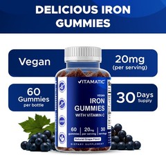 Vitamatic Iron Gummies Supplement – 20mg Serving – 60 Vegan Gummies pack of 3