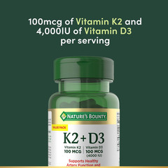 Nature’s Bounty Vitamin D3 K2– 4000IU D3 + 100mcg K2, Heart & Bone Support, 60ct