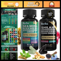 Shilajit & Sea Moss Bundle – Black Seed Oil, Ashwagandha, Ginger, Rhodiola – 180