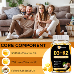 Vitamin D3 + K2 5000iu Plant-Based D3 + 200mcg Vitamin K2 as MK-7 – 120 Softgels