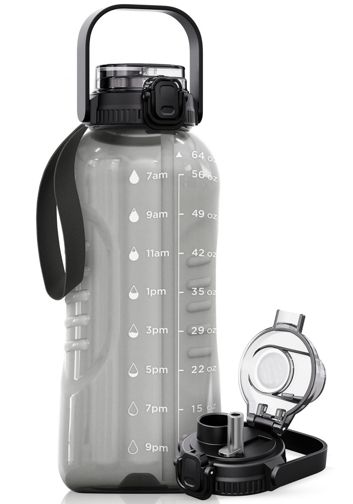 AQUAFIT 64 oz Water Bottle with Time Marker – 2in1 Straw & 64 Ounces, Gray