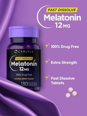Melatonin 12mg Fast Dissolve Tablets – 180 Count, Drug-Free, Natural Berry, Vega
