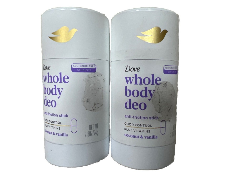 LOT OF 2 Dove Whole Body Deo Aluminum Free Anti-Friction Coconut & Vanilla 2.6oz