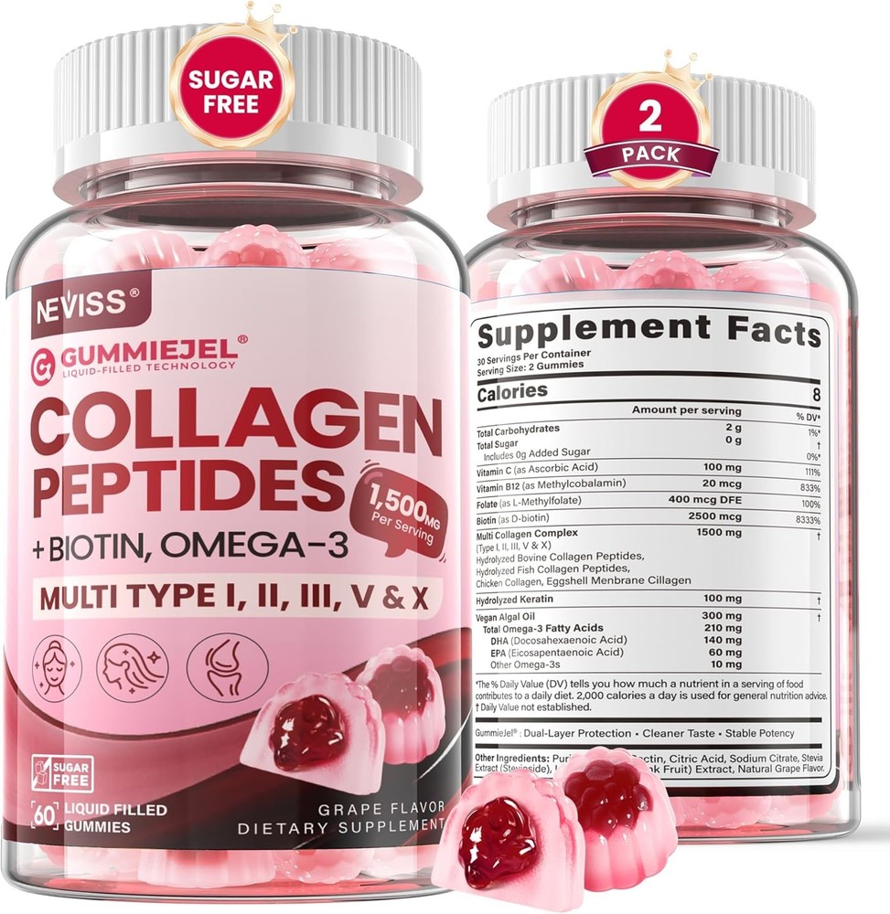 Collagen Peptides Pectin Gummies for Women Men w/Omega 3 and 1500mg Multi