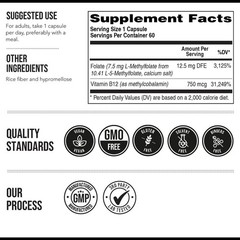 L Methylfolate 7.5mg plus Methyl B12 – Active 5-MTHF Form, MTHFR Supplement -…