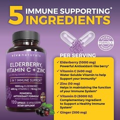 Viva Naturals Elderberry Supplement With Zinc Vitamin C 120 Count Immune Support