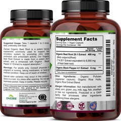 USDA Organic Beet Root 8000 mg Strength 20:1 Extract, 180 Vegan Capsules, Kosher