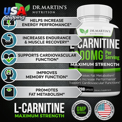 L-Carnitine Supplement Capsules 1000mg 200 Count Easy-to-Swallow