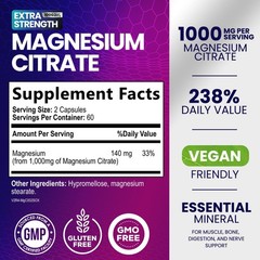 Magnesium Citrate 1000mg Per Serving – 3X Strength Magnesium Supplement Bone